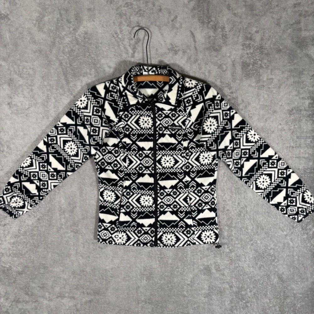 Columbia Womens Black White Aztec Geometric Full Zip Fleece Jacket AL1372 Small